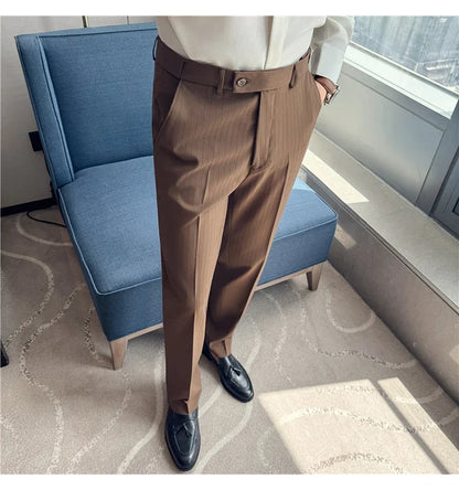 Autumn Winter Thick Suit Pants Men Elastic Waist Business Classic Straight Striped Formal Pants High Quality Slim Fit Trousers