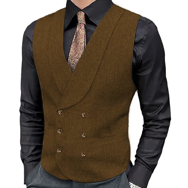 Men Vest Brown Herringbone Double Button With Lapel Waistcoat For Wedding Business Formal Banquet Work Daily Men Suit Vest