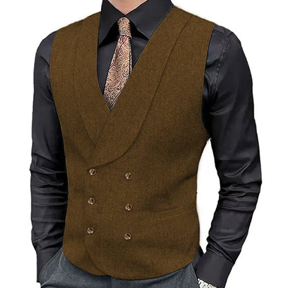 Men Vest Brown Herringbone Double Button With Lapel Waistcoat For Wedding Business Formal Banquet Work Daily Men Suit Vest