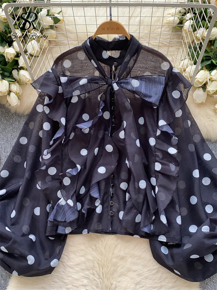 Spring Chiffon Polka Dot Blouse Women Bow Collar Long Lantren Sleeve Fashion Casual Streetwear Basics Loose Thin Tops