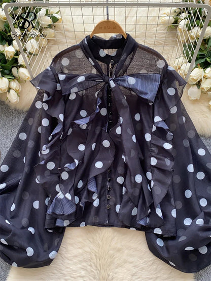 Spring Chiffon Polka Dot Blouse Women Bow Collar Long Lantren Sleeve Fashion Casual Streetwear Basics Loose Thin Tops
