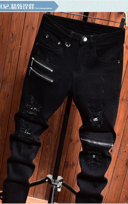 2025 Jeans Men's Spring Autumn Versatile Korean Black Elastic Slim Small Feet Zipper Pants Autumn Cowboy Man Pants Design Jeans