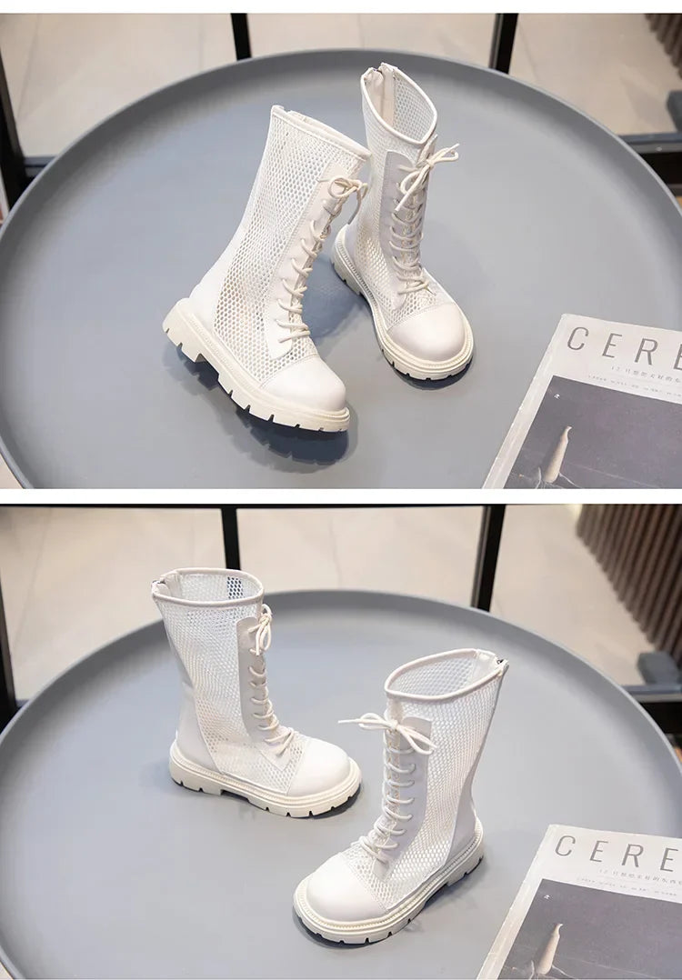 Children Summer Shoes Girls Fashion Sandals High-top Mesh Boots Net Breathable Shoelace Decoration with Zipper Cut-out Ins Style