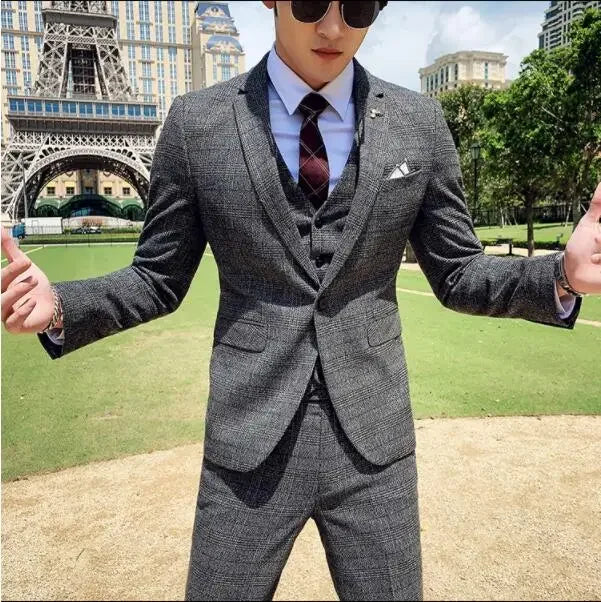 Coffee Brown Men Striped Plaid 3-Piece, Dark Blue Wedding Party Slim Fit Blazers Jacket and Vest with Pants, Asian Size M-5XL