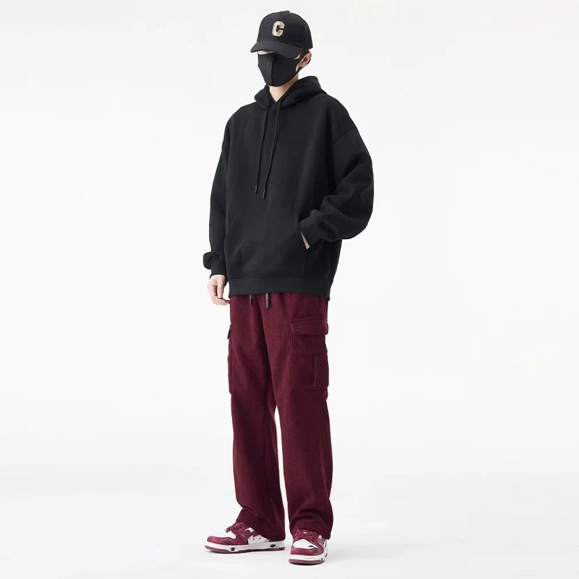 2026 New in Winter Corduroy Pants Men Straight Wide Leg Cargo Trouser Male Elastic Waist Loose Fit Thick Brown Warm Fleece Plush