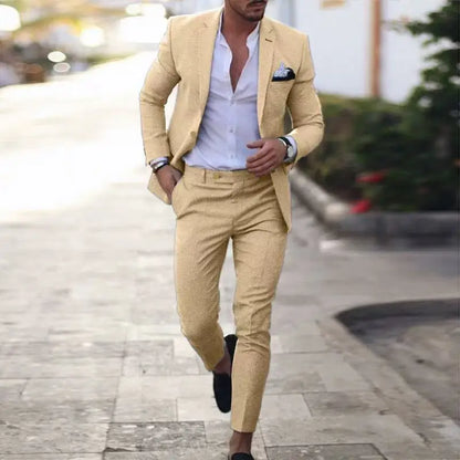Men's Linen Suit 2 Piece Slim Fit Suit Summer Beach Wedding Suit Groosmen Prom Tuxedo Linen Blazer Pants Set