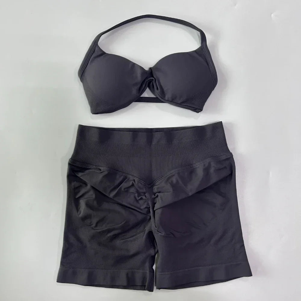 NO LOGO 2PCS Gym Set Women Strappy Yoga Bra Top High Waist Workout Scrunch Shorts Sports Suit Seamless Yoga Set Fitness Clothes