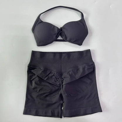 NO LOGO 2PCS Gym Set Women Strappy Yoga Bra Top High Waist Workout Scrunch Shorts Sports Suit Seamless Yoga Set Fitness Clothes