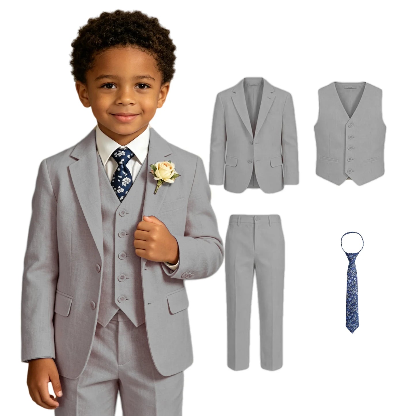 Ship Today Wedding Ring Bearer Page Boy Tuxedo Communion Suit Boy's Formal Linen Suit 4-Piece Jacket Vest Pants Tie Bowtie