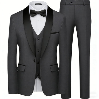 Men's 3 Pieces Shawl Collar Suits Blazer Vest Pants Slim Fit Tuxedo Suit Set One Button Formal  Jacket for Wedding Prom Party