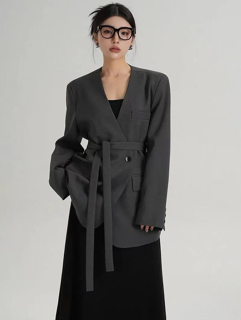Fashion Collarless Blazers Jacket Ladies Korean Streetwear Design Belt Temperament Blazer Woman Chic Long Sleeve Loose Suit Coat