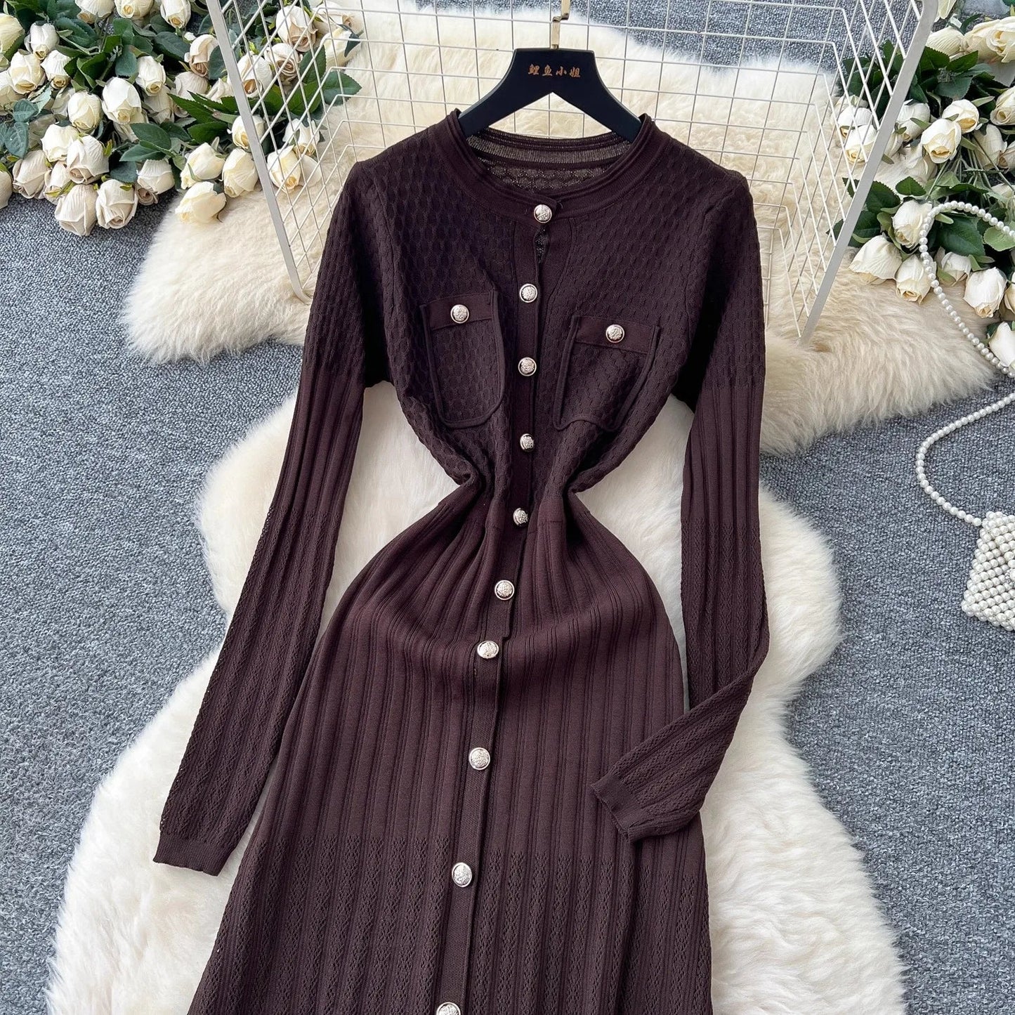 Brand Fashion Aesthetic Patchwork Knitted Maxi Dress Autumn Winter Women Luxury Shirt Sweater Dress Office Lady Vestido