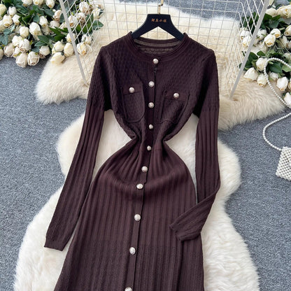 Brand Fashion Aesthetic Patchwork Knitted Maxi Dress Autumn Winter Women Luxury Shirt Sweater Dress Office Lady Vestido