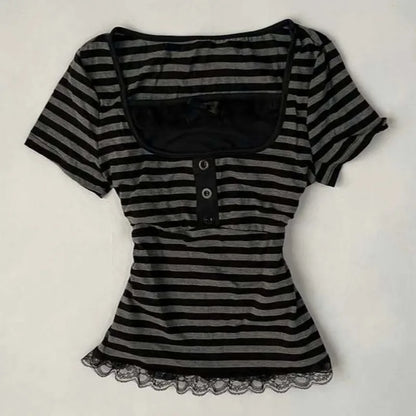 Gothic Harajuku Y2K Women's Crop Top Casual Slim Fit Striped Lace Bow Button Design Short Sleeve T-Shirt Chic Trendy Streetwear
