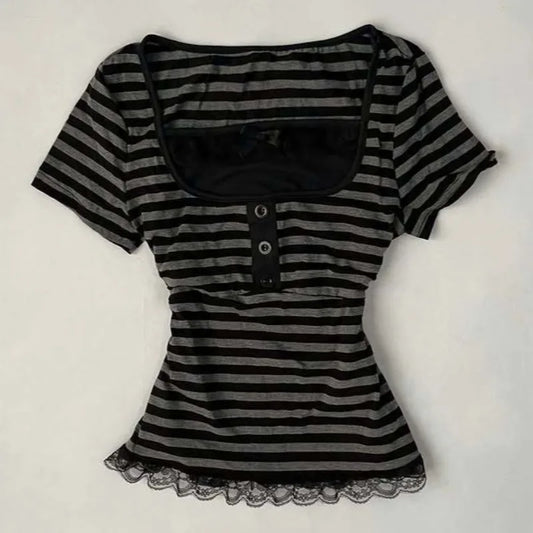 Gothic Harajuku Y2K Women's Crop Top Casual Slim Fit Striped Lace Bow Button Design Short Sleeve T-Shirt Chic Trendy Streetwear