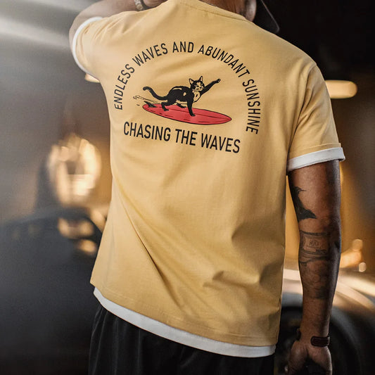 Vintage Foam Print Short Sleeves T-Shirt Men's Summer Heavyweight Yellow Cotton Tee Loose Fit Crew Neck Casual Street Tops