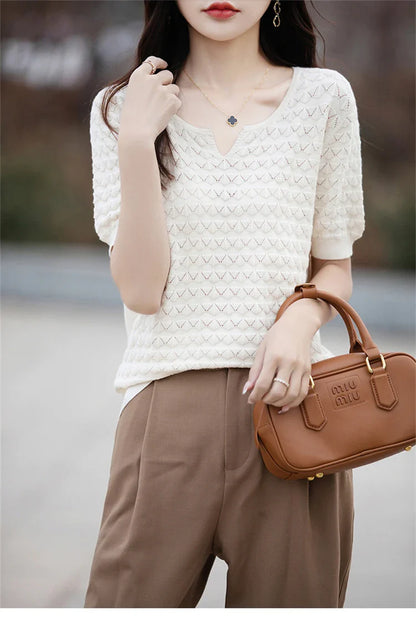 Women's T-shirt Summer New 100% Pure Cotton Tees Casual Solid Knitted Short sleeved V-neck Pullover Loose Tops Fashion Sweater