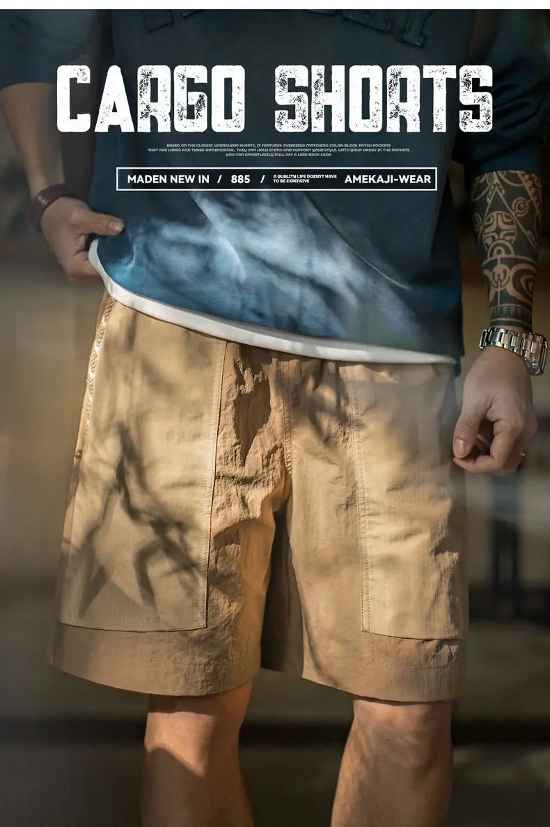 Maden Outdoor Quick-Dry Khaki Cargo Shorts Men's Summer Lightweight Woven Straight Leg Beach Pants Elastic Waist Pocket Shorts