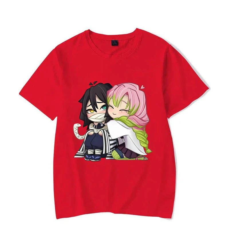 Funny Kanroji Mitsuri Iguro Obanai Cartoon Print T-Shirt Couple Casual Loose Short Sleeve Round Neck Harajuku Tops Clothing