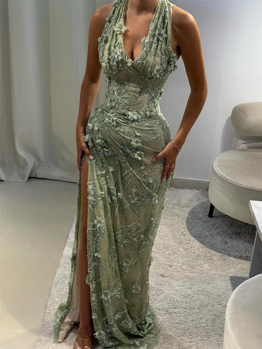 Dubai Custom Flower Embroidery Prom Dress Halter Neck  Vestidos de noche High Side Slite Formal evening events dress