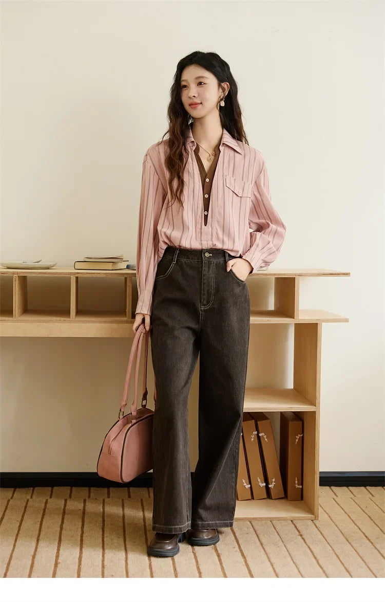 Peach Skin Velvet Stripe Shirt for Women Autumn 2025 Double Layered Collar Contrasting Color Shirt Commute Top MXE47C2408