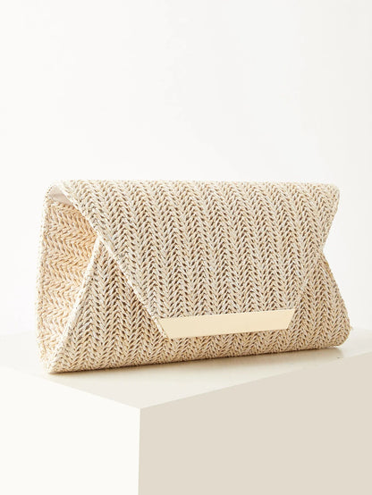 Women's Woven Clutch Bag, Beige, Solid Color, Summer, Holiday, Beach, Vacation Essential, Vacation Season, Versatile Business Commuter Women's Crossbody Bag, Casual, Simple, Beach