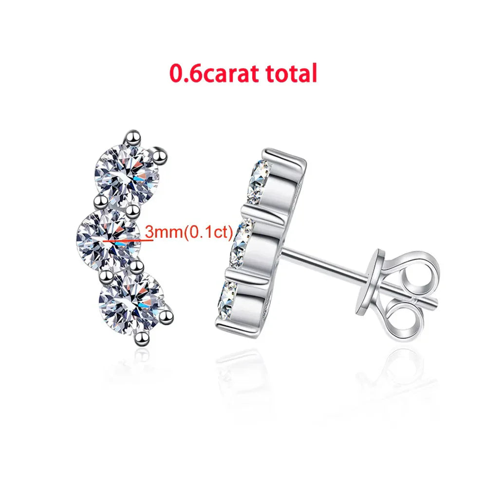 3/5-stone Smile Full Moissanite Diamond Stud Earring with Certificates 925 Sterling Silver Sparkling Diamond Earrings for Women
