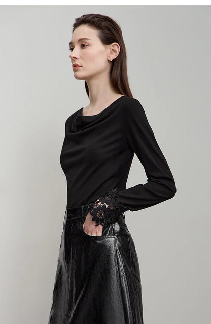 Minimalist Women's Long Sleeve T-Shirt 2025 Autumn Simple Solid Asymmetric Drape Neck Lace Cuffs Tops Casual Tees 12543076