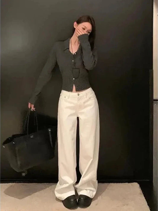 Summer Women's White High Waisted Wide Leg Jeans Premium Draped Effortless Chic Loose Straight Leg Denim Pants for Daily Office