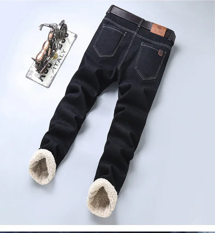 Winter Men's Fleece Thick Sherpa Jeans Business Casual Velvet Straight Denim Pants Male Wool Plush Classic Stretch Trousers