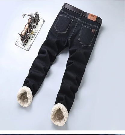 Winter Men's Fleece Thick Sherpa Jeans Business Casual Velvet Straight Denim Pants Male Wool Plush Classic Stretch Trousers
