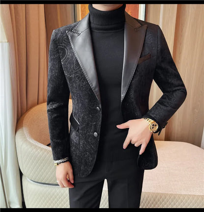 2025 Fashion Leather Neck Spliced Suit Jacket Luxury Men's Business Slim Fit Social Formal Blazers Coats Wedding Groom Tuxedos
