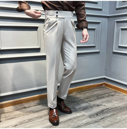 Italian Style Naples High Waisted Straight Pants Men High Quality Solid Color Business Casual Formal Office Social Suit Pants