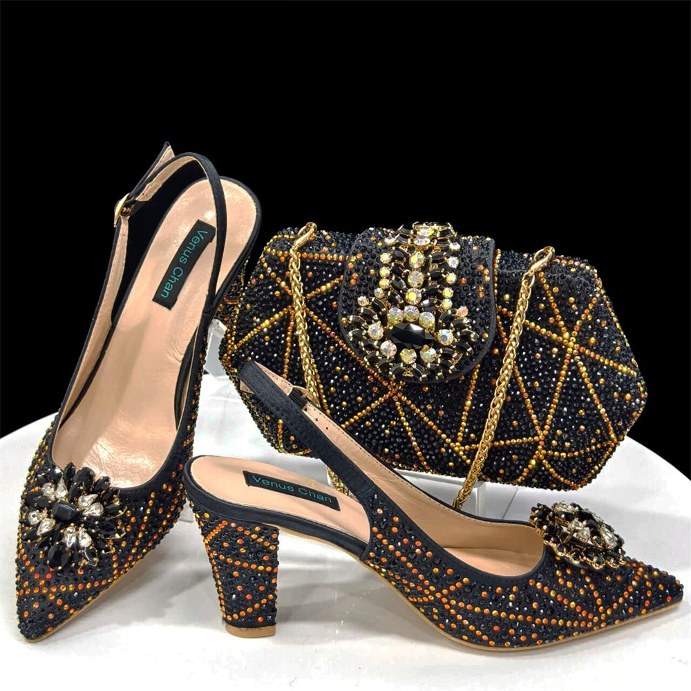 Nigerian Women Heel Party Ladies Italian Design Shoes And Bag Set Decorated with Rhinestone Handbag Wedding Party