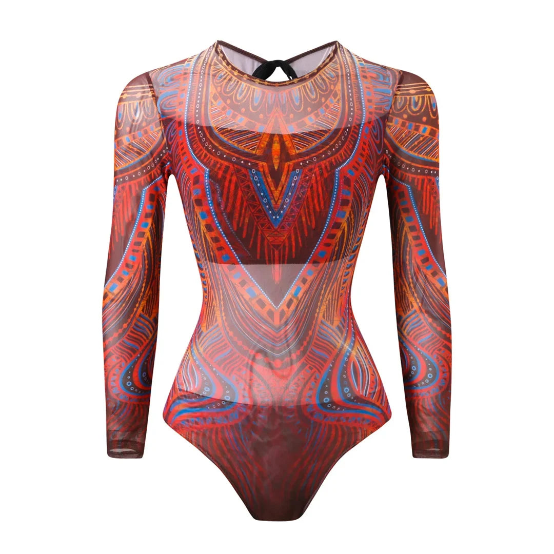 S - XXL Printed Long Sleeve With Sarong One Piece Swimsuit Women Swimwear Female Flowers Padded Bather Bathing Suit Swim V7181