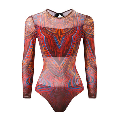 S - XXL Printed Long Sleeve With Sarong One Piece Swimsuit Women Swimwear Female Flowers Padded Bather Bathing Suit Swim V7181