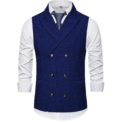 Men Vest Brown Herringbone Double Breasted Buckle Solid Business Casual Waistcoat Regular Slim Banquet Men Suit Vest