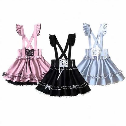 Summer Lolita Ribbon Tatt Lace Overall Skirt Women Subculture Japanese Jirai Kei Mine Style Y2k 2000s Casual Girly Belt Pinafore