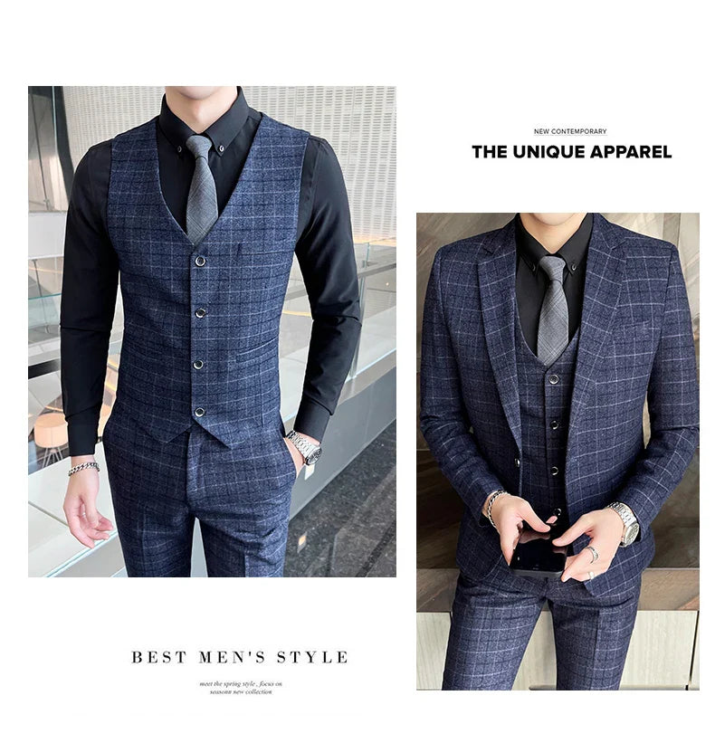 Men's High-Quality Cotton Texture Wedding Suit Set - Plaid Pattern Business Casual Three-Piece Vest Trousers Ensemble