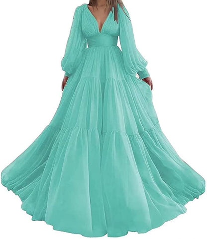 Pleat Tulle Princess Prom Gown V-Neck Long Puff Sleeve Plus Size Evening Gown Elegant Dress Women for Wedding Party