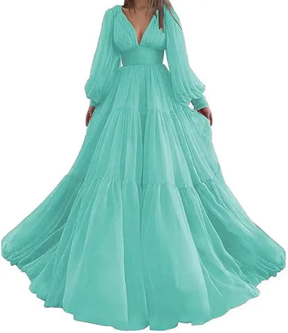 Pleat Tulle Princess Prom Gown V-Neck Long Puff Sleeve Plus Size Evening Gown Elegant Dress Women for Wedding Party