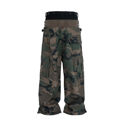 Three Waisted Camouflage Cargo Pants for Men Streetwear Patchwork Baggy Jeans Wide Leg Casual Loose Denim Trousers Oversized