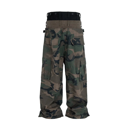 Three Waisted Camouflage Cargo Pants for Men Streetwear Patchwork Baggy Jeans Wide Leg Casual Loose Denim Trousers Oversized