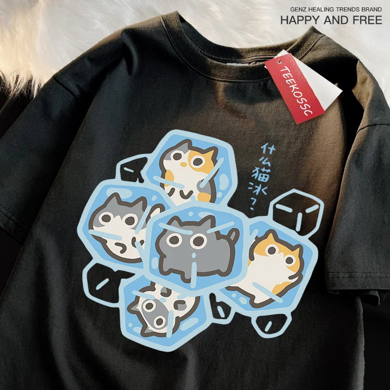 Ice Cat Fun Cartoons Cats Print Clothes Men Women Oversize Breathable T Shirt Summer Comfortable Casual T-Shirt Cotton Tee Shirt