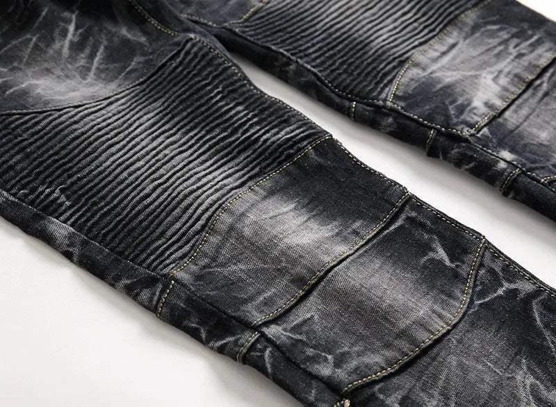 Zipper Pocket Retro Nostalgic Jeans Men's New Style High Street Motorcycle Fashion Stretch Slim Straight Denim Trousers Male
