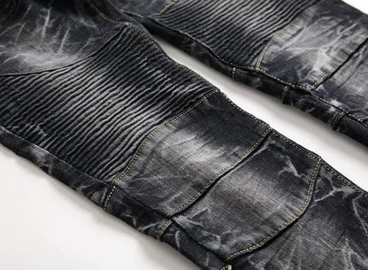 Zipper Pocket Retro Nostalgic Jeans Men's New Style High Street Motorcycle Fashion Stretch Slim Straight Denim Trousers Male