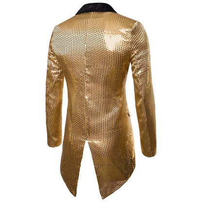 2026 Men's Gold V-Neck Long Sleeve Tuxedo, TV Performance Magic Long Jacket Shiny Sequin Decoration Red Blue Black Blazer S-XXL