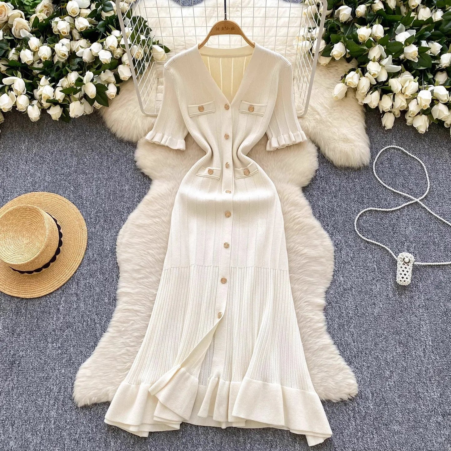 Brand Fashion Vintage Knitted Long Dress Spring Summer Women Elegant V-neck Ruffled Bodycon Sweater Dress Party Vestido