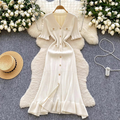 Brand Fashion Vintage Knitted Long Dress Spring Summer Women Elegant V-neck Ruffled Bodycon Sweater Dress Party Vestido