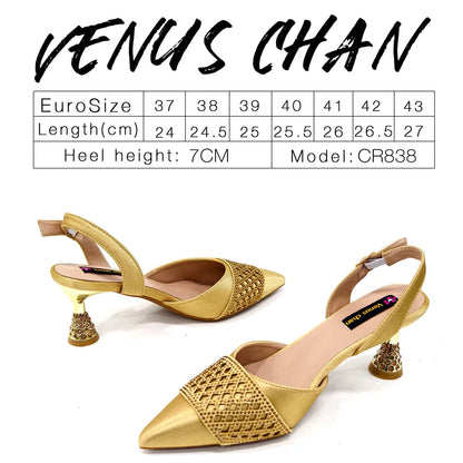 2025 New Summer Collection Stylish Italian Women’s Shoes and Bag Set in Gold Colour - Comfortable Mid Heels With Rhinestones